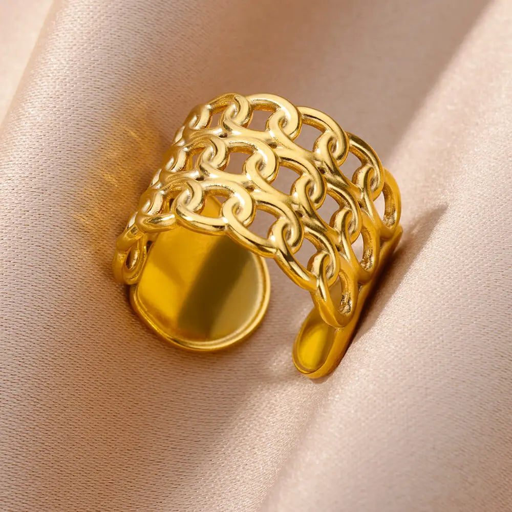 Stainless Steel Rings for Women Jewelry Accessories Simple Vintage Gold Color Electroplated Adjustable Double Layer Wide Ring