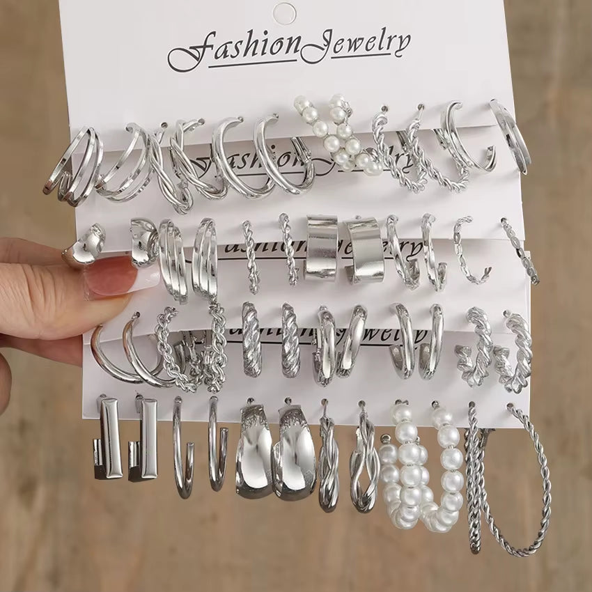 Silver Color Pearl Twist Hoop Earrings Set for Women Jewelry Pendientes Vintage Circle Geometric Dangle Earrings Trendy Gifts