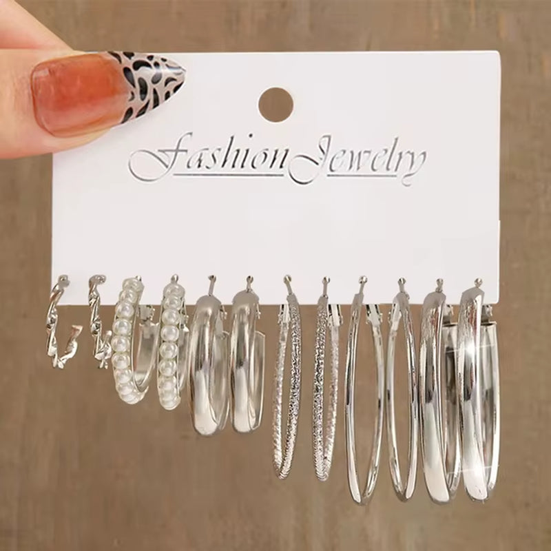 Silver Color Pearl Twist Hoop Earrings Set for Women Jewelry Pendientes Vintage Circle Geometric Dangle Earrings Trendy Gifts