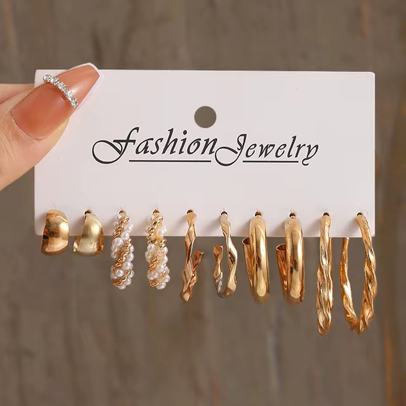 Silver Color Pearl Twist Hoop Earrings Set for Women Jewelry Pendientes Vintage Circle Geometric Dangle Earrings Trendy Gifts