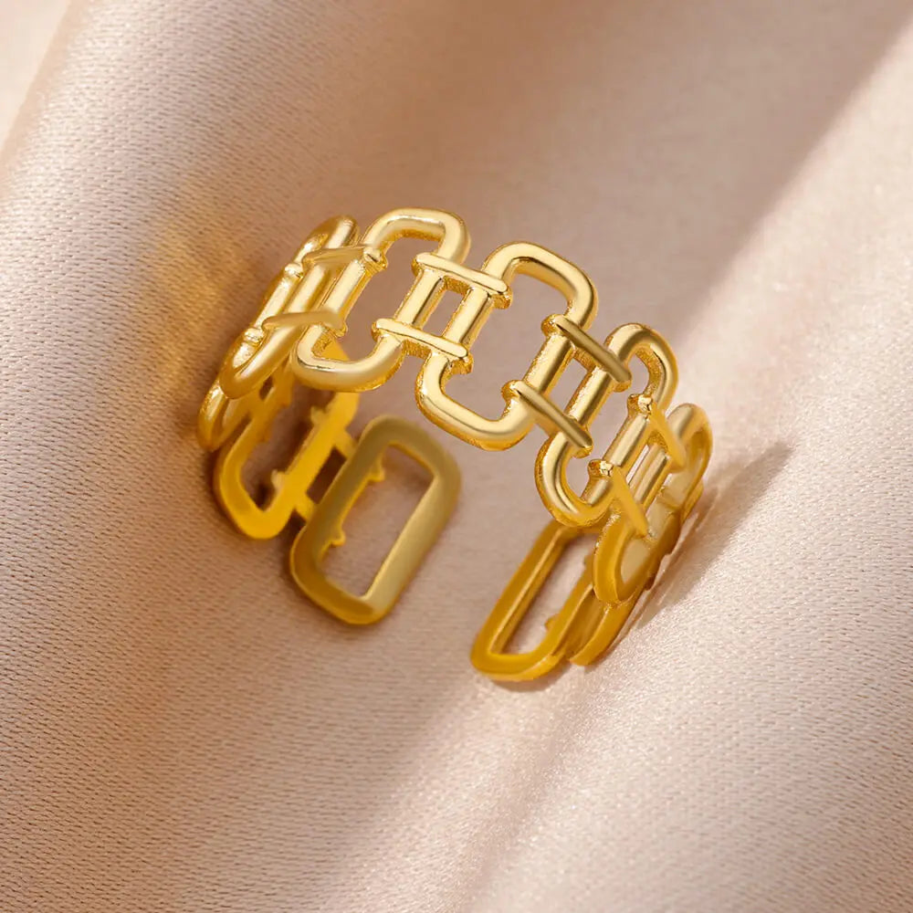Stainless Steel Rings for Women Jewelry Accessories Simple Vintage Gold Color Electroplated Adjustable Double Layer Wide Ring