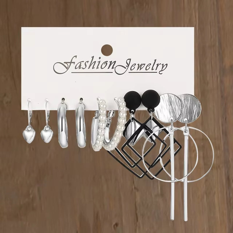 Silver Color Pearl Twist Hoop Earrings Set for Women Jewelry Pendientes Vintage Circle Geometric Dangle Earrings Trendy Gifts