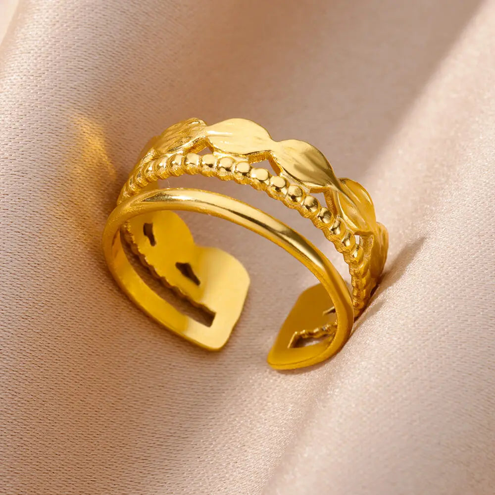 Stainless Steel Rings for Women Jewelry Accessories Simple Vintage Gold Color Electroplated Adjustable Double Layer Wide Ring
