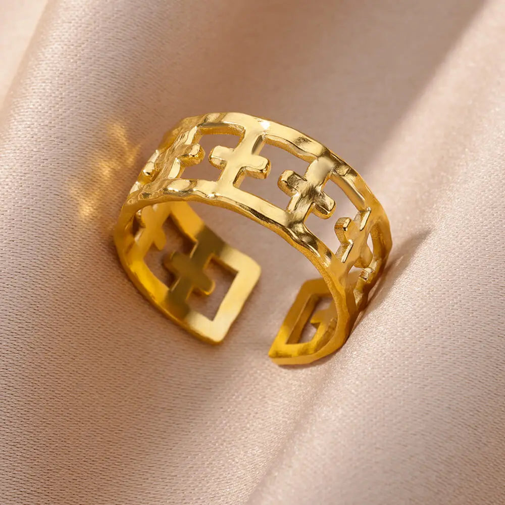 Stainless Steel Rings for Women Jewelry Accessories Simple Vintage Gold Color Electroplated Adjustable Double Layer Wide Ring