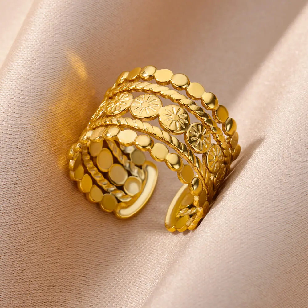 Stainless Steel Rings for Women Jewelry Accessories Simple Vintage Gold Color Electroplated Adjustable Double Layer Wide Ring