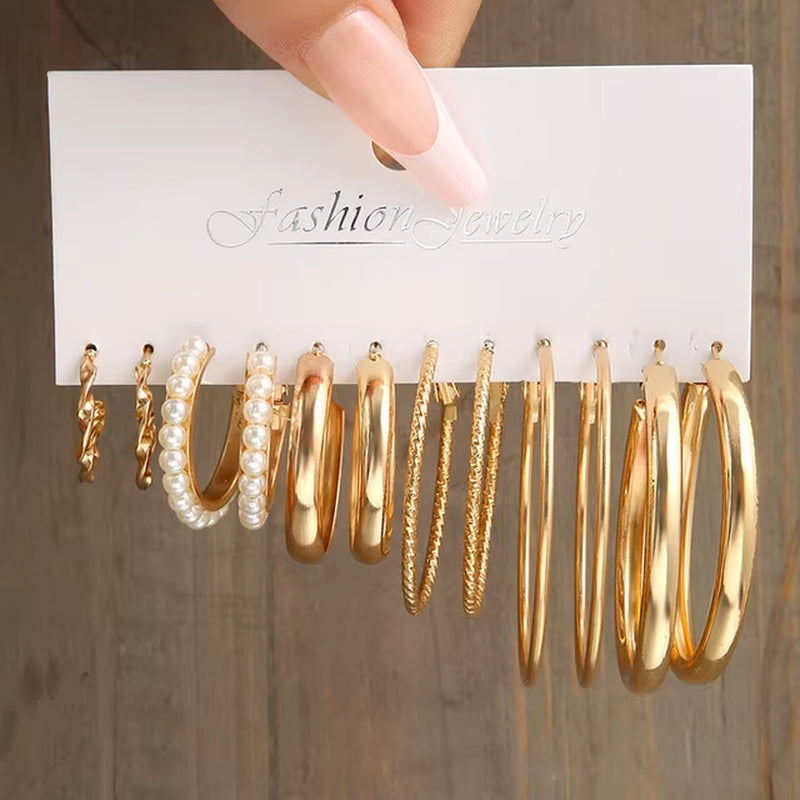 Silver Color Pearl Twist Hoop Earrings Set for Women Jewelry Pendientes Vintage Circle Geometric Dangle Earrings Trendy Gifts