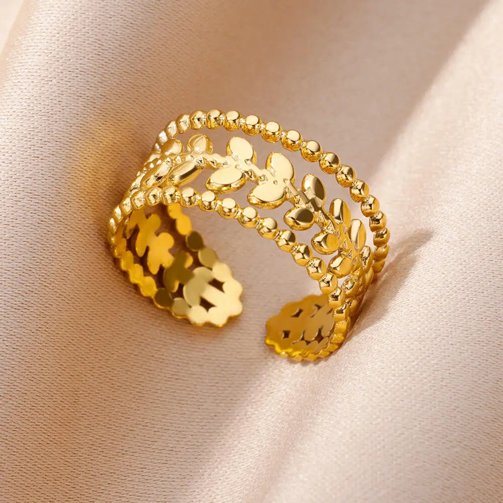 Stainless Steel Rings for Women Jewelry Accessories Simple Vintage Gold Color Electroplated Adjustable Double Layer Wide Ring