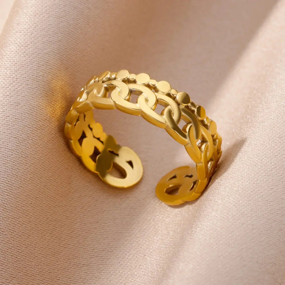 Stainless Steel Rings for Women Jewelry Accessories Simple Vintage Gold Color Electroplated Adjustable Double Layer Wide Ring