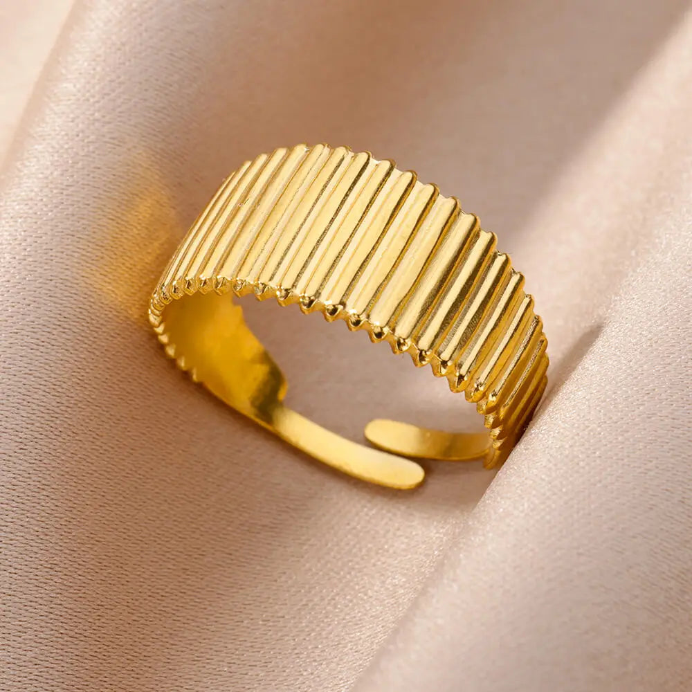 Stainless Steel Rings for Women Jewelry Accessories Simple Vintage Gold Color Electroplated Adjustable Double Layer Wide Ring