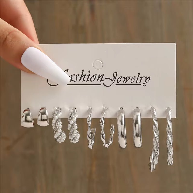 Silver Color Pearl Twist Hoop Earrings Set for Women Jewelry Pendientes Vintage Circle Geometric Dangle Earrings Trendy Gifts