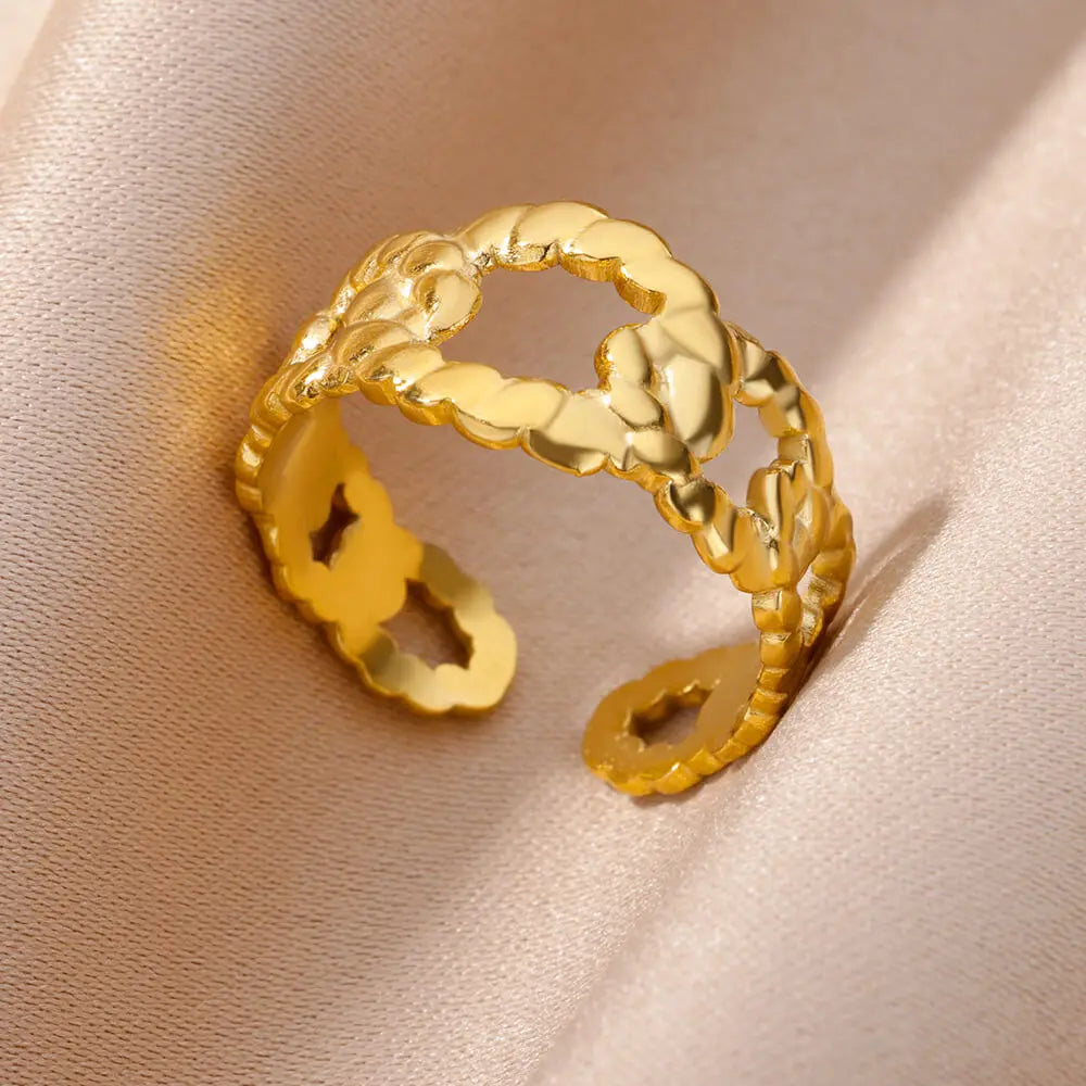 Stainless Steel Rings for Women Jewelry Accessories Simple Vintage Gold Color Electroplated Adjustable Double Layer Wide Ring