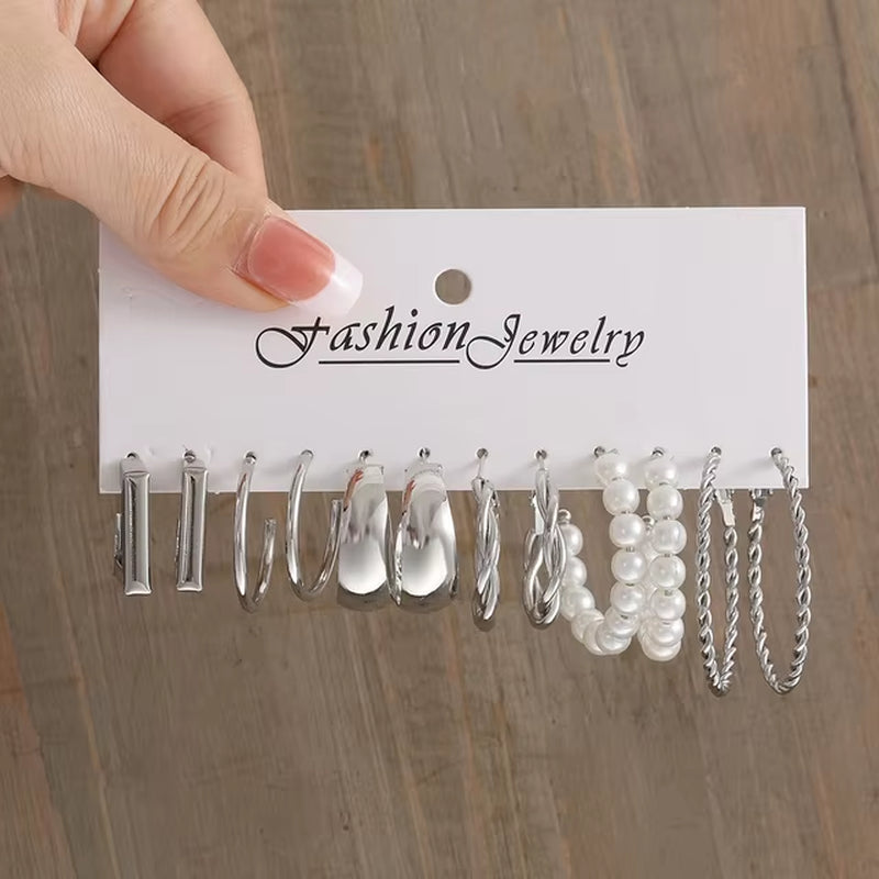 Silver Color Pearl Twist Hoop Earrings Set for Women Jewelry Pendientes Vintage Circle Geometric Dangle Earrings Trendy Gifts