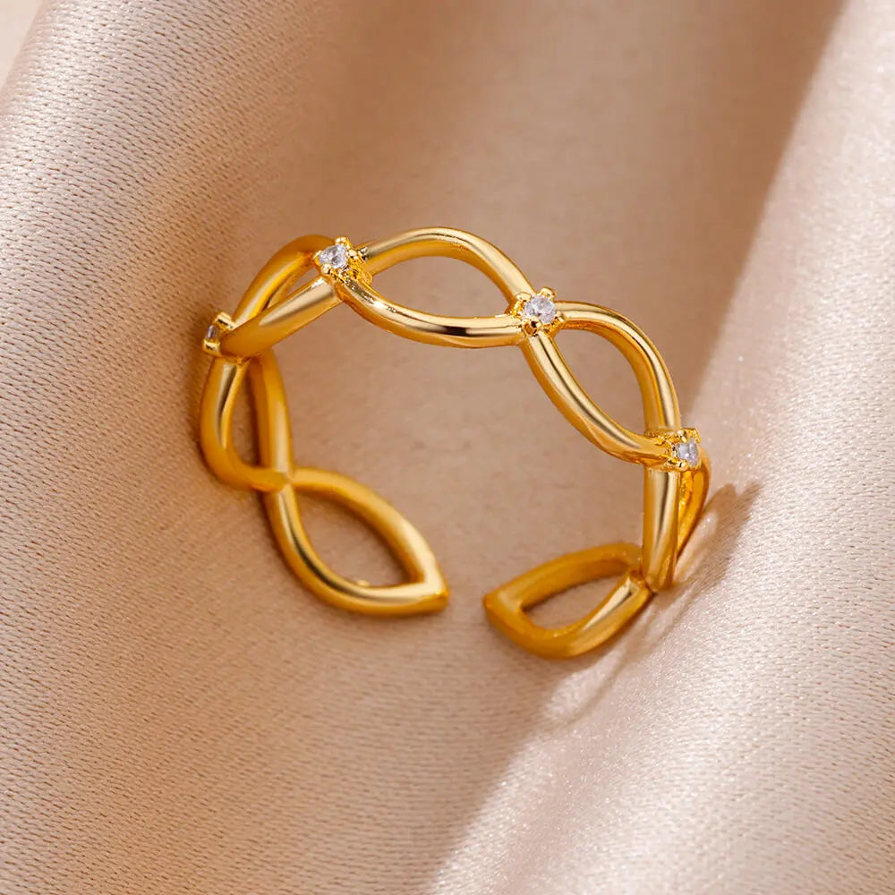 Stainless Steel Rings for Women Jewelry Accessories Simple Vintage Gold Color Electroplated Adjustable Double Layer Wide Ring