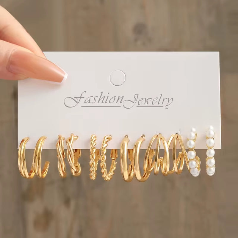 Silver Color Pearl Twist Hoop Earrings Set for Women Jewelry Pendientes Vintage Circle Geometric Dangle Earrings Trendy Gifts